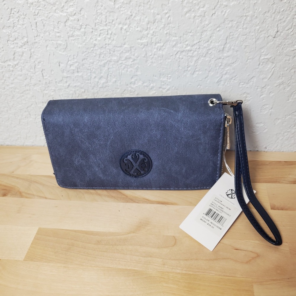 CXL by CHRISTIAN LACROIX Ames Indigo Denim Double Zipper Wallet Wrist Strap NEW